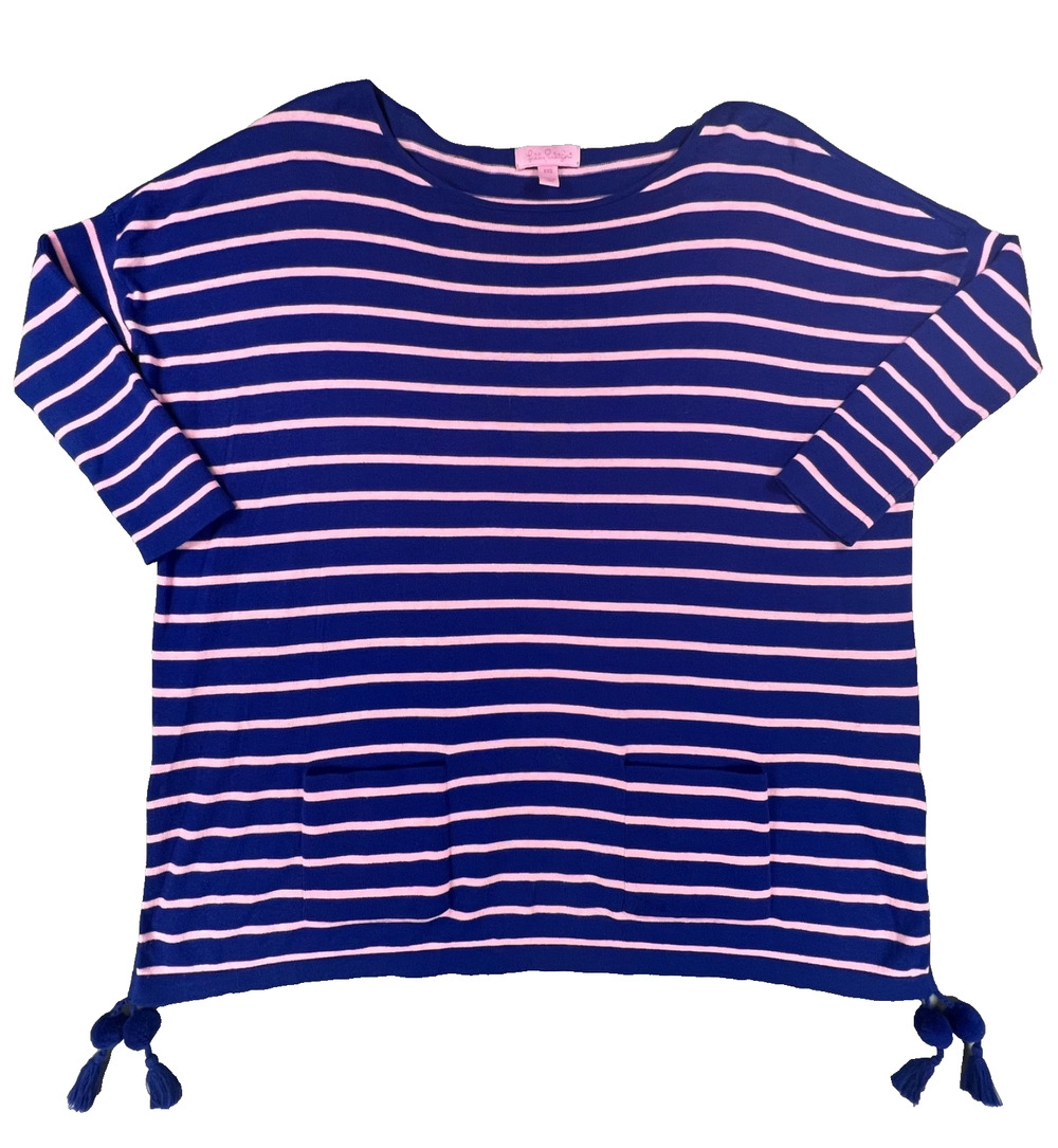 Lilly Pulitzer Elba Blue/Pink Stripe Preppy Oversized Sweater (Women's XXS)